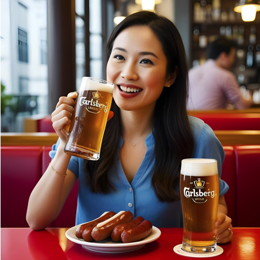 ソーセージとカールスバーグを楽しむ女性